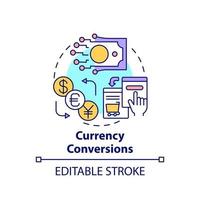 ícone do conceito de conversões de moeda. ilustração de linha fina de ideia abstrata de serviço de mercados globais. transações em moeda internacional. desenho de cor de contorno isolado vetor. curso editável vetor