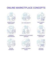 conjunto de ícones de conceito de mercado online. idéias de pagamento seguro ilustrações coloridas de linha fina conversões de moeda. popularidade no mercado. suporte ao cliente. localização do mercado. desenhos de contorno de vetor isolado