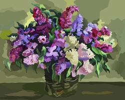buquê de lilases de cores diferentes em um vaso sobre uma mesa escura. pintura por números. ilustração vetorial vetor