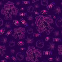 padrão sem emenda psicodélico roxo com elementos ocultos de gradiente. fundo de repetição de narcótico com cogumelos, olhos, poções, maconha e outros objetos de encantamento de feitiço. textura trippy e bruxa vetor