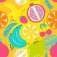 mão desenhada bonito padrão sem emenda frutas, laranja, banana, pomeganate, cereja, morango, limão e folha em fundo amarelo. ilustração vetorial. vetor