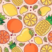 frutas bonitos padrão sem emenda em fundo laranja. abacaxi, manga, limão, laranja. ilustração vetorial. vetor