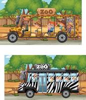 cena do zoológico com crianças no carro de turismo vetor