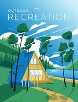 uma de madeira feriado casa em a banco do uma rio ou lago. conífero floresta. azul céu recreativo turismo e natureza viagens. vetor ilustração