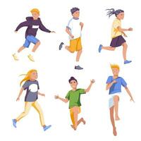 feliz escola crianças feriado definir. corrida e pulando personagens isolado em branco fundo. plano vetor ilustração