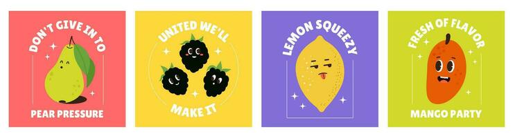 quadrado cartão com fruta e bagas funky personagens dentro desenho animado estilo. pera, Amora, limão, manga fofa criança. slogan poster para Projeto rede e social meios de comunicação vetor