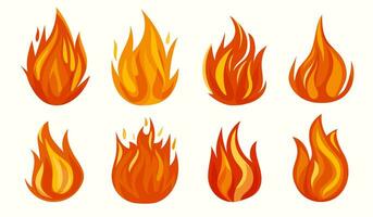 caloroso laranja fogo chamas com quente faíscas definir. fogueira coleção desenho animado estilo. flamejante chama ícone vetor