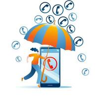 a menina com a guarda-chuva protege a enviar servidor em a Smartphone a partir de Spam. vetor