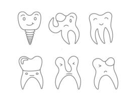 oral higiene conceito. fofa rabisco dentes personagens com cárie, implantar, dente coroa. dental Cuidado e tratamento. conceito para criança odontologia. dentes limpeza e prevenção. vetor