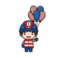 lindo bombeiro segurando balão comemorar o dia da independência da América ilustração vetorial ícone dos desenhos animados vetor