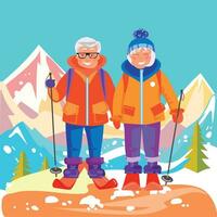 ativo maduro casal esquiar e viajando às uma inverno recorrer. vetor plano ilustração com montanhas panorama. idosos homem e mulher desfrutando fisica atividade ao ar livre dentro inverno.