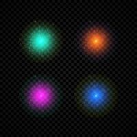 luz efeito do lente chamas. conjunto do quatro verde, laranja, roxa e azul brilhando luzes starburst efeitos com brilhos em uma Sombrio fundo. vetor ilustração