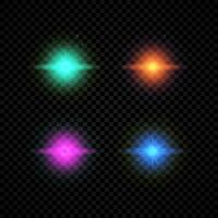 luz efeito do lente chamas. conjunto do quatro verde, laranja, roxa e azul brilhando luzes starburst efeitos com brilhos em uma Sombrio fundo. vetor ilustração
