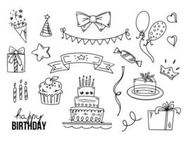 aniversário rabisco definir. mão desenhado vetor feliz aniversário esboços. bolo com velas, festa boné, festão, balão, estrela, boné, arco, coração, doce, Bolinho, presente caixa, coroa, firecracker.