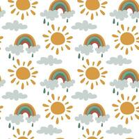 uma padronizar do nuvens, sol, arco-íris, chuva em uma branco fundo. arco Iris desatado padrão, desenho animado vetor ilustração. crianças textura para impressão em tecido e papel. presente embalagem
