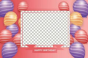 feliz aniversário vetor modelo fundo. feliz aniversário cumprimento texto dentro vermelho borda com dourado vermelho e roxa balões para aniversário cartão decoração.