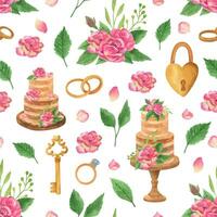 desatado padronizar com em camadas bolo, rosas e Casamento símbolos. mão desenhado aguarela ilustração vetor