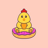 frango bonito está sentado em donuts. conceito de desenho animado animal isolado. pode ser usado para t-shirt, cartão de felicitações, cartão de convite ou mascote. estilo cartoon plana vetor