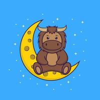 touro bonito está sentado na lua. conceito de desenho animado animal isolado. pode ser usado para t-shirt, cartão de felicitações, cartão de convite ou mascote. estilo cartoon plana vetor