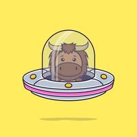 touro bonito dirigindo a nave espacial ufo. conceito de desenho animado animal isolado. pode ser usado para t-shirt, cartão de felicitações, cartão de convite ou mascote. estilo cartoon plana vetor