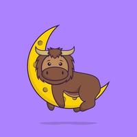 lindo touro está na lua. conceito de desenho animado animal isolado. pode ser usado para t-shirt, cartão de felicitações, cartão de convite ou mascote. estilo cartoon plana vetor