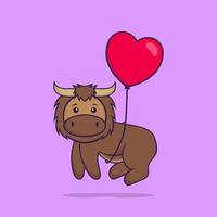 bonito touro voando com balões em forma de amor. conceito de desenho animado animal isolado. pode ser usado para t-shirt, cartão de felicitações, cartão de convite ou mascote. estilo cartoon plana vetor