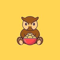 coruja bonita comendo macarrão ramen. conceito de desenho animado animal isolado. pode ser usado para t-shirt, cartão de felicitações, cartão de convite ou mascote. estilo cartoon plana vetor