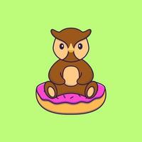 coruja bonita está sentado em donuts. conceito de desenho animado animal isolado. pode ser usado para t-shirt, cartão de felicitações, cartão de convite ou mascote. estilo cartoon plana vetor