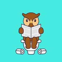 coruja bonita cocô no banheiro e ler o jornal. conceito de desenho animado animal isolado. pode ser usado para t-shirt, cartão de felicitações, cartão de convite ou mascote. estilo cartoon plana vetor