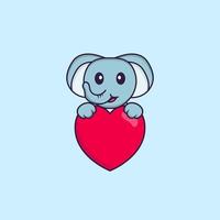 elefante fofo segurando um grande coração vermelho. conceito de desenho animado animal isolado. pode ser usado para t-shirt, cartão de felicitações, cartão de convite ou mascote. estilo cartoon plana vetor