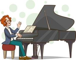 homem pianista jogando musical composição em grande piano para sinfônico orquestra ou ópera desempenho em estágio. talentoso artista realizando em cena. vetor ilustração.