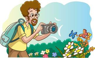 vetor ilustração do uma homem levando uma cenário do flores com uma Câmera
