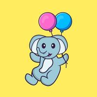 elefante fofo voando com dois balões. conceito de desenho animado animal isolado. pode ser usado para t-shirt, cartão de felicitações, cartão de convite ou mascote. estilo cartoon plana vetor