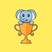 elefante fofo com troféu de ouro. conceito de desenho animado animal isolado. pode ser usado para t-shirt, cartão de felicitações, cartão de convite ou mascote. estilo cartoon plana vetor