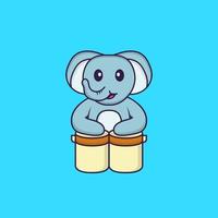 elefante fofo está tocando bateria. conceito de desenho animado animal isolado. pode ser usado para t-shirt, cartão de felicitações, cartão de convite ou mascote. estilo cartoon plana vetor