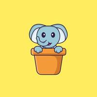 elefante fofo em um vaso de flores. conceito de desenho animado animal isolado. pode ser usado para t-shirt, cartão de felicitações, cartão de convite ou mascote. estilo cartoon plana vetor