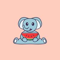 elefante fofo comendo melancia. conceito de desenho animado animal isolado. pode ser usado para t-shirt, cartão de felicitações, cartão de convite ou mascote. estilo cartoon plana vetor
