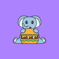 elefante fofo comendo hambúrguer. conceito de desenho animado animal isolado. pode ser usado para t-shirt, cartão de felicitações, cartão de convite ou mascote. estilo cartoon plana vetor