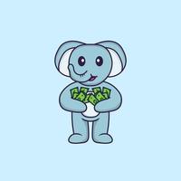 elefante fofo segurando dinheiro. conceito de desenho animado animal isolado. pode ser usado para t-shirt, cartão de felicitações, cartão de convite ou mascote. estilo cartoon plana vetor