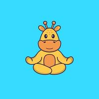 girafa gira está meditando ou fazendo ioga. conceito de desenho animado animal isolado. pode ser usado para t-shirt, cartão de felicitações, cartão de convite ou mascote. estilo cartoon plana vetor