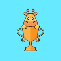 girafa bonita com troféu de ouro. conceito de desenho animado animal isolado. pode ser usado para t-shirt, cartão de felicitações, cartão de convite ou mascote. estilo cartoon plana vetor