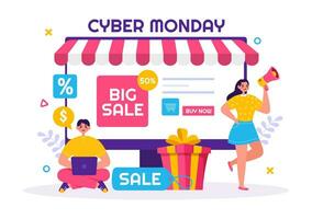 cyber Segunda-feira evento vetor ilustração com super venda e grande desconto compras bens dentro papel bolsas para promoções dentro plano desenho animado fundo