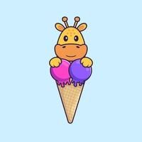 girafa bonita com sorvete doce. conceito de desenho animado animal isolado. pode ser usado para t-shirt, cartão de felicitações, cartão de convite ou mascote. estilo cartoon plana vetor