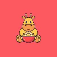 girafa bonita comendo macarrão ramen. conceito de desenho animado animal isolado. pode ser usado para t-shirt, cartão de felicitações, cartão de convite ou mascote. estilo cartoon plana vetor