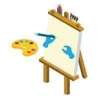 isométrico pintura cavalete com uma paleta, escovas e lápis e mãos desenhando em isto vetor