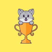 gato bonito com troféu de ouro. conceito de desenho animado animal isolado. pode ser usado para t-shirt, cartão de felicitações, cartão de convite ou mascote. estilo cartoon plana vetor