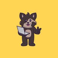 gato bonito segurando laptop. conceito de desenho animado animal isolado. pode ser usado para t-shirt, cartão de felicitações, cartão de convite ou mascote. estilo cartoon plana vetor