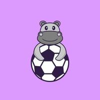 hipopótamo fofo jogando futebol. conceito de desenho animado animal isolado. pode ser usado para t-shirt, cartão de felicitações, cartão de convite ou mascote. estilo cartoon plana vetor