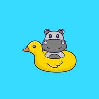 hipopótamo fofo com boia de pato. conceito de desenho animado animal isolado. pode ser usado para t-shirt, cartão de felicitações, cartão de convite ou mascote. estilo cartoon plana vetor