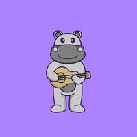 bonito hipopótamo tocando violão. conceito de desenho animado animal isolado. pode ser usado para t-shirt, cartão de felicitações, cartão de convite ou mascote. estilo cartoon plana vetor